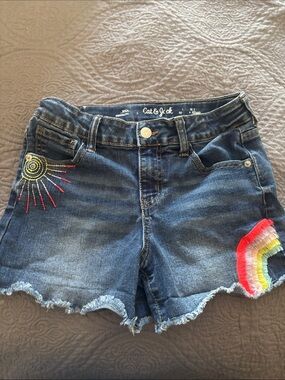 Cat & Jack Dark Blue Denim Shorts with Embroidered Rainbow & Sun